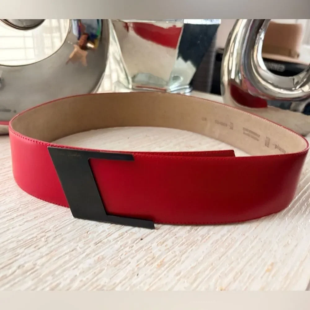 VTG Pierre Cardin Red Leather Metal Buckle Wide Belt Size 75